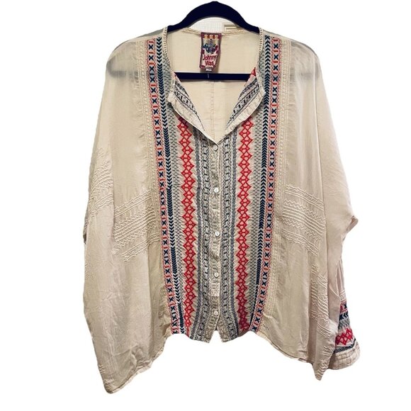 JOHNNY WAS Cream/Off White Embroidered Melvin Button Down Blouse Sz M - Picture 4 of 11